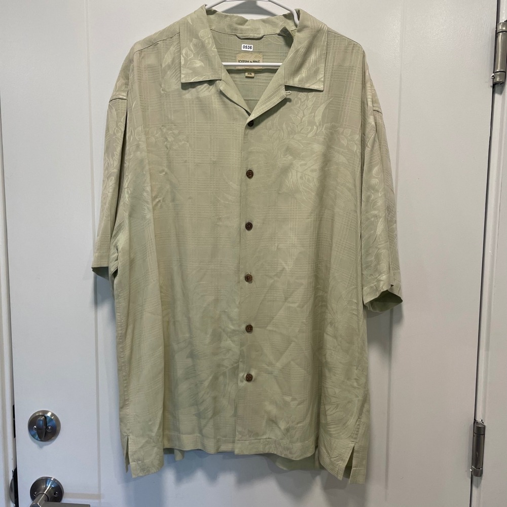 Joseph & Feiss Mens XXL Green 100% Silk Tropical Jacquard Camp Shirt